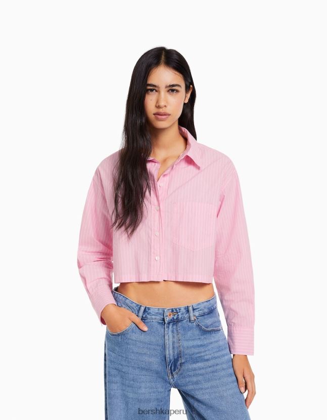 rosa Bershka mujer camisa corta de popelín de manga larga 806J6B932