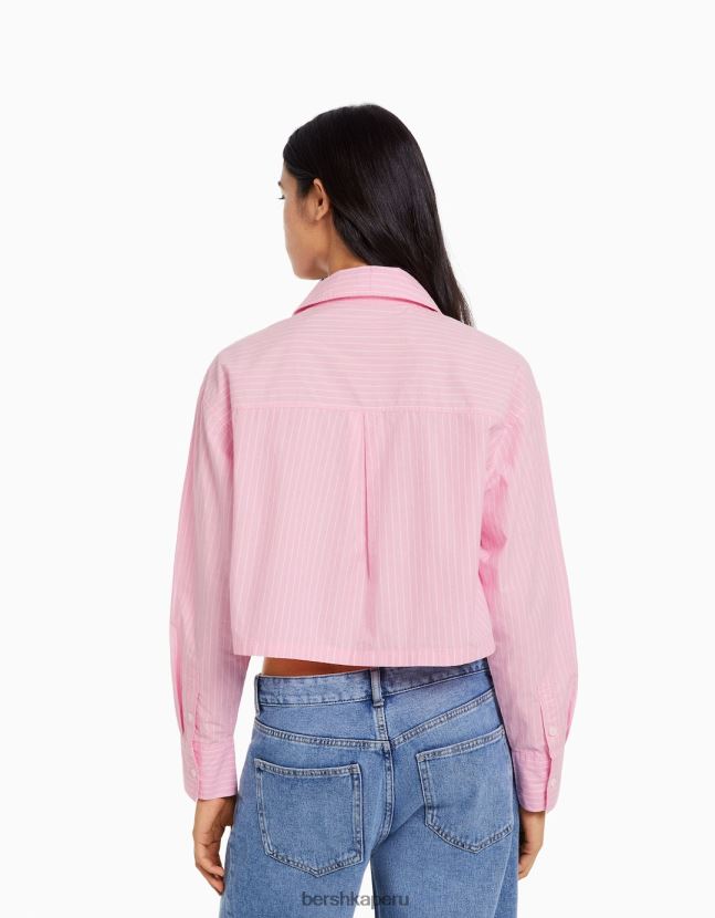 rosa Bershka mujer camisa corta de popelín de manga larga 806J6B932