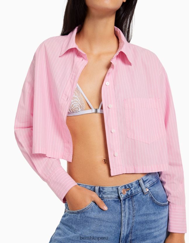 rosa Bershka mujer camisa corta de popelín de manga larga 806J6B932