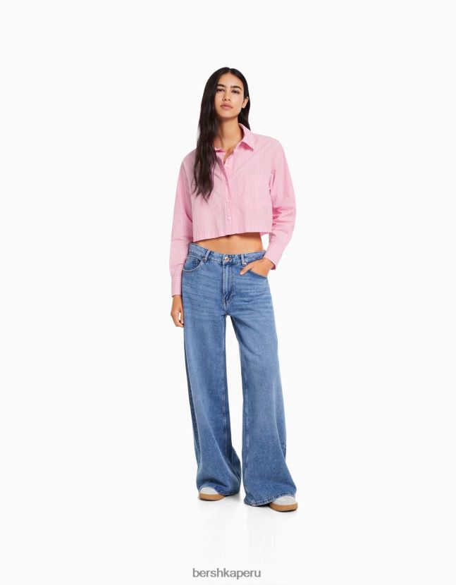 rosa Bershka mujer camisa corta de popelín de manga larga 806J6B932