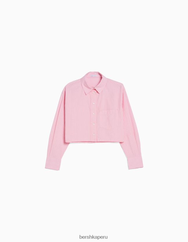rosa Bershka mujer camisa corta de popelín de manga larga 806J6B932