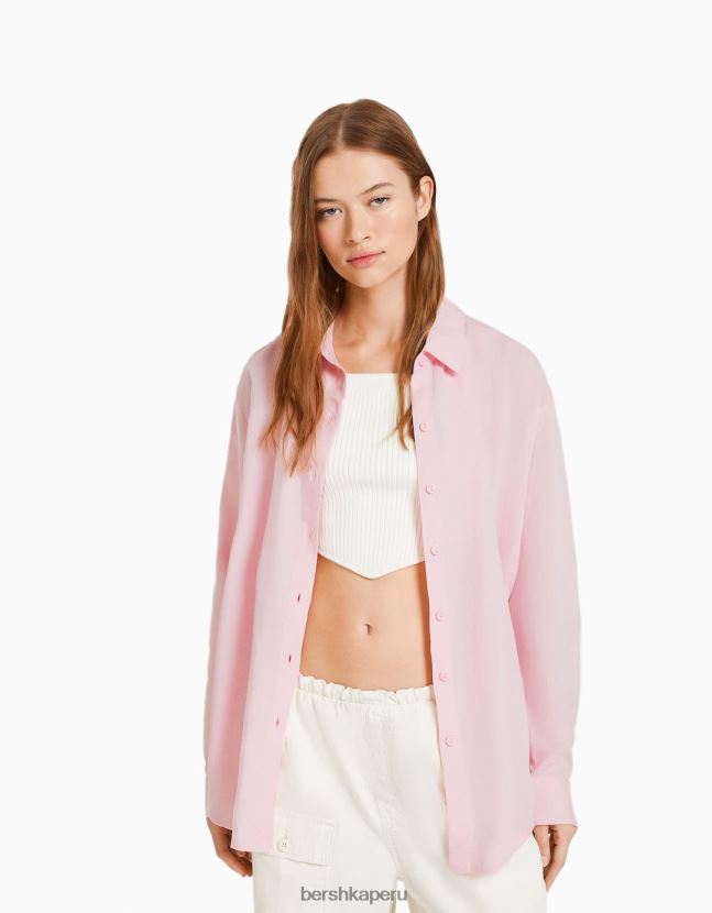 rosa Bershka mujer camisa oversize de lino de manga larga 806J6B904
