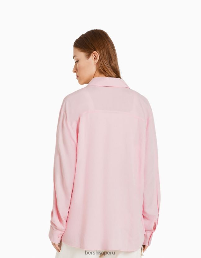 rosa Bershka mujer camisa oversize de lino de manga larga 806J6B904