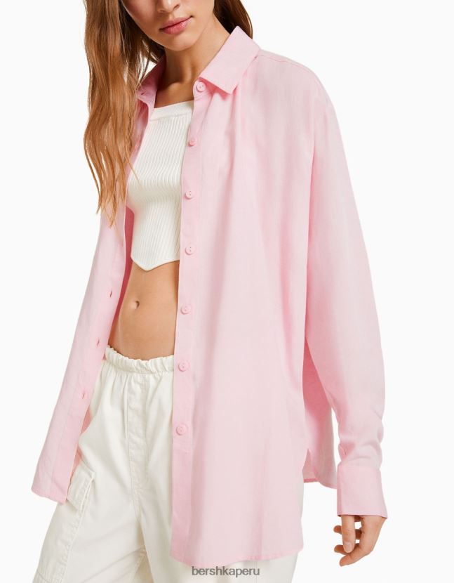 rosa Bershka mujer camisa oversize de lino de manga larga 806J6B904