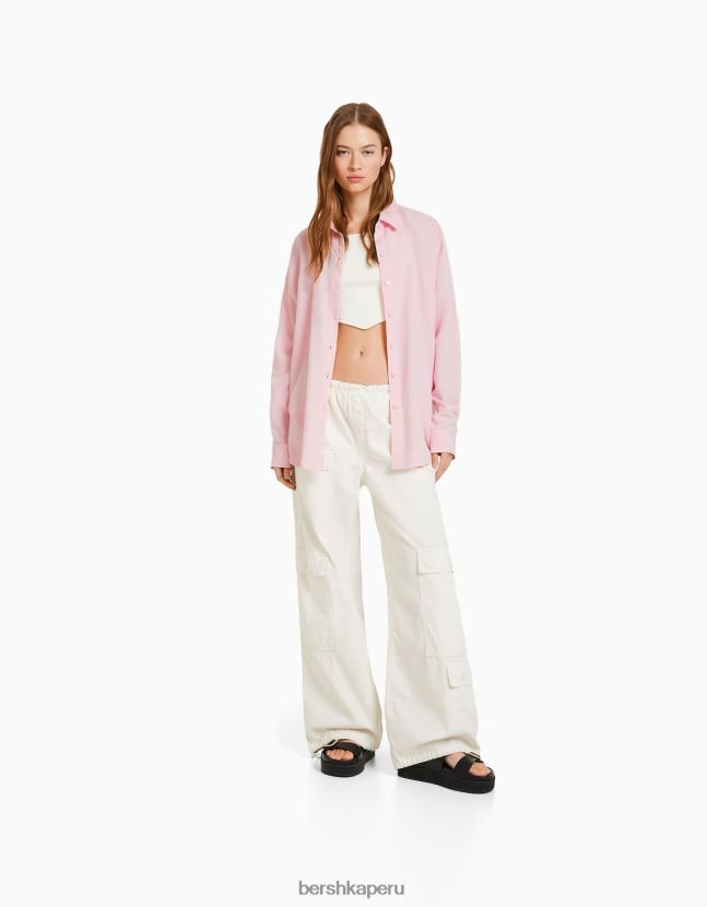 rosa Bershka mujer camisa oversize de lino de manga larga 806J6B904