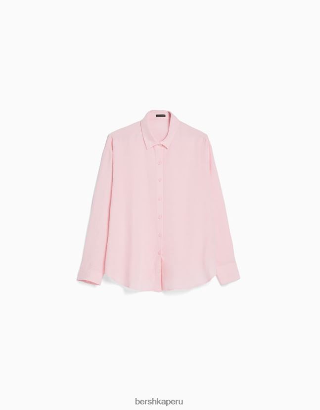 rosa Bershka mujer camisa oversize de lino de manga larga 806J6B904
