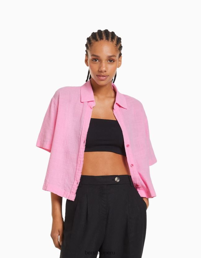 rosa Bershka mujer camisa rústica manga corta texturizada 806J6B907