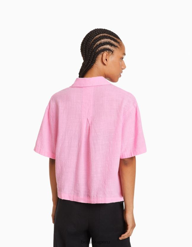 rosa Bershka mujer camisa rústica manga corta texturizada 806J6B907