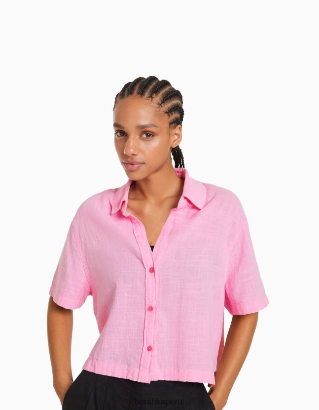 rosa Bershka mujer camisa rústica manga corta texturizada 806J6B907