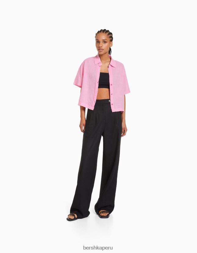 rosa Bershka mujer camisa rústica manga corta texturizada 806J6B907