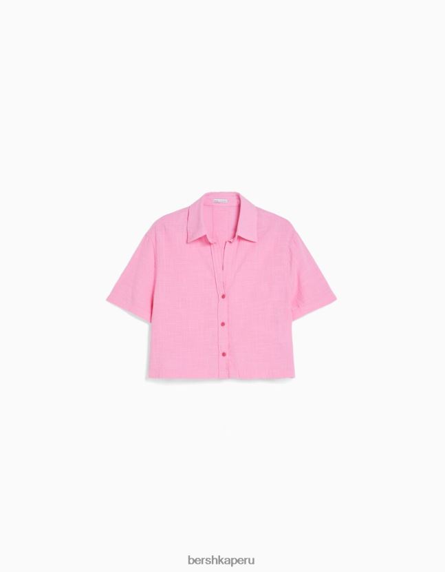 rosa Bershka mujer camisa rústica manga corta texturizada 806J6B907