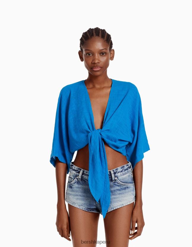 azul Bershka mujer camisa rústica manga corta 806J6B742