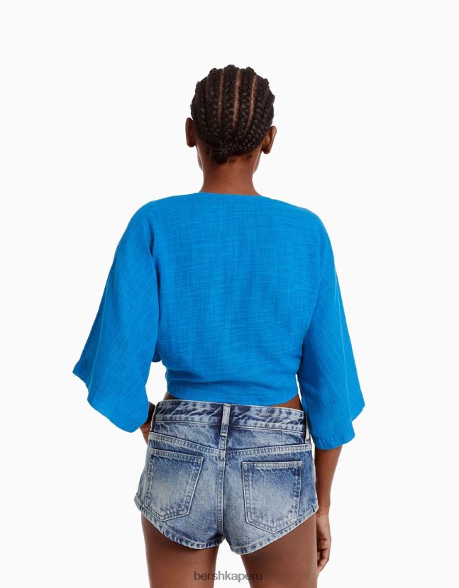 azul Bershka mujer camisa rústica manga corta 806J6B742