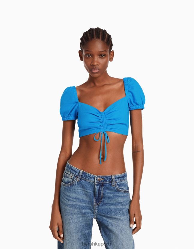 azul Bershka mujer top corto de manga corta en mezcla de lino con detalle fruncido 806J6B773