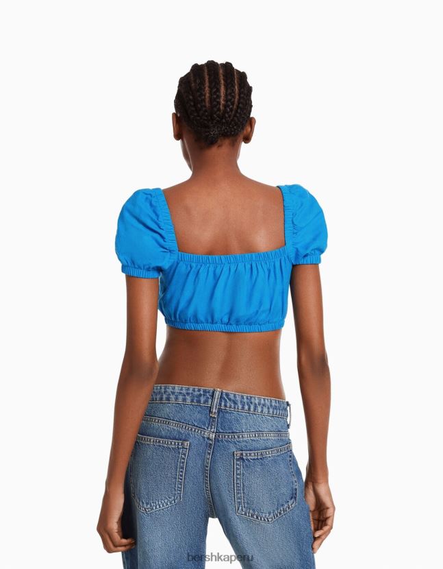 azul Bershka mujer top corto de manga corta en mezcla de lino con detalle fruncido 806J6B773