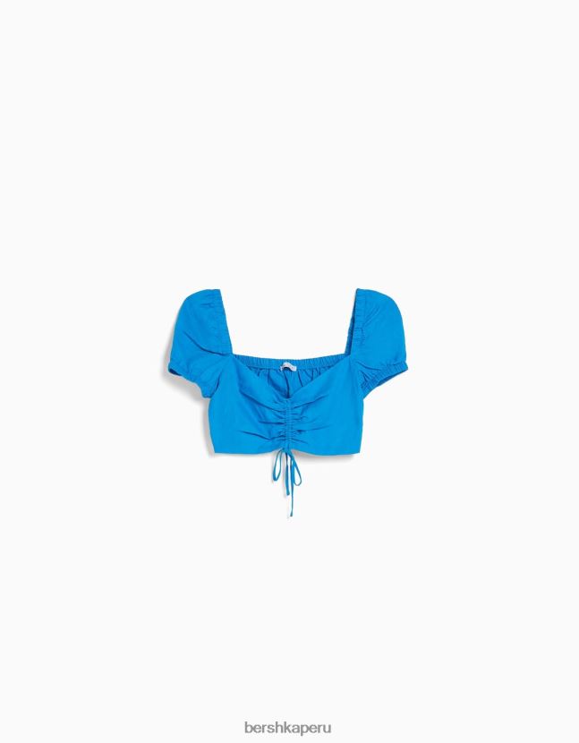azul Bershka mujer top corto de manga corta en mezcla de lino con detalle fruncido 806J6B773