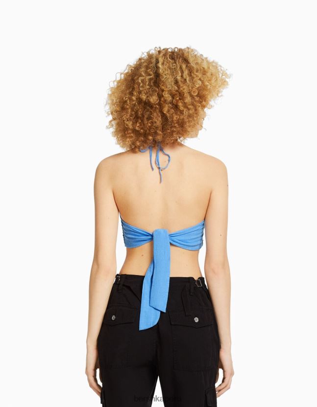 azul Bershka mujer top halter con detalle de lazo y elástico fruncido 806J6B891