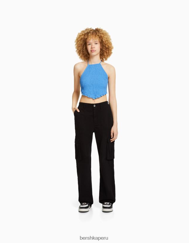 azul Bershka mujer top halter con detalle de lazo y elástico fruncido 806J6B891