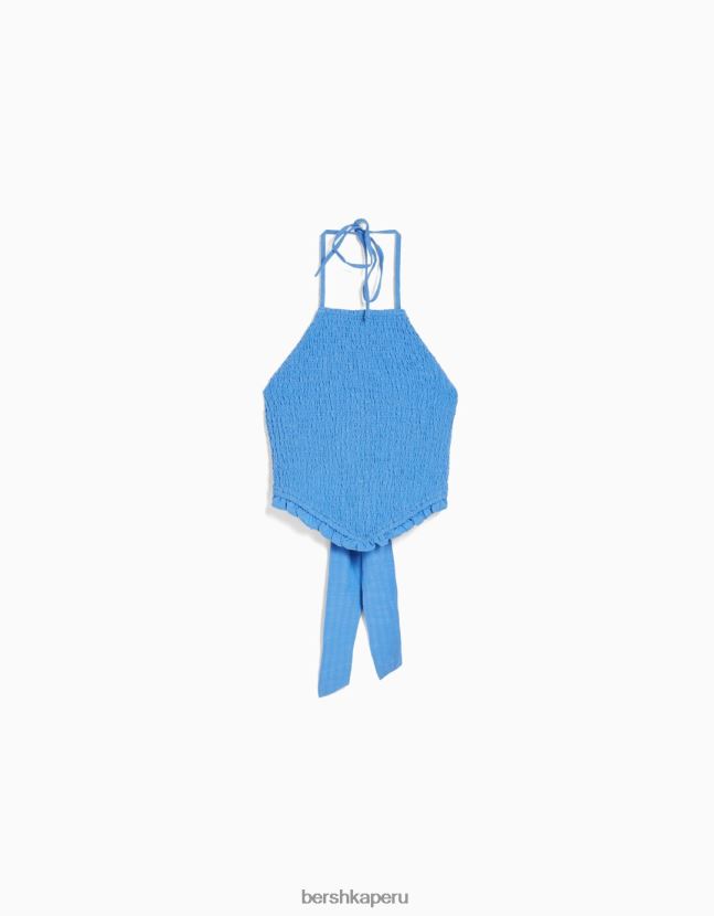 azul Bershka mujer top halter con detalle de lazo y elástico fruncido 806J6B891