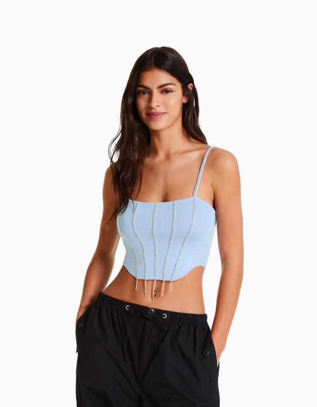 azul Bershka mujer top tejido con tiras y pedrería 806J6B766