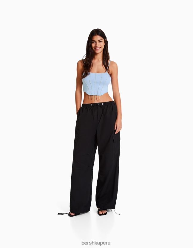 azul Bershka mujer top tejido con tiras y pedrería 806J6B766