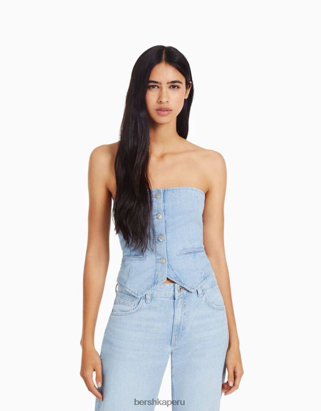 azul claro Bershka mujer chaleco vaquero con hombros descubiertos y botones 806J6B1955