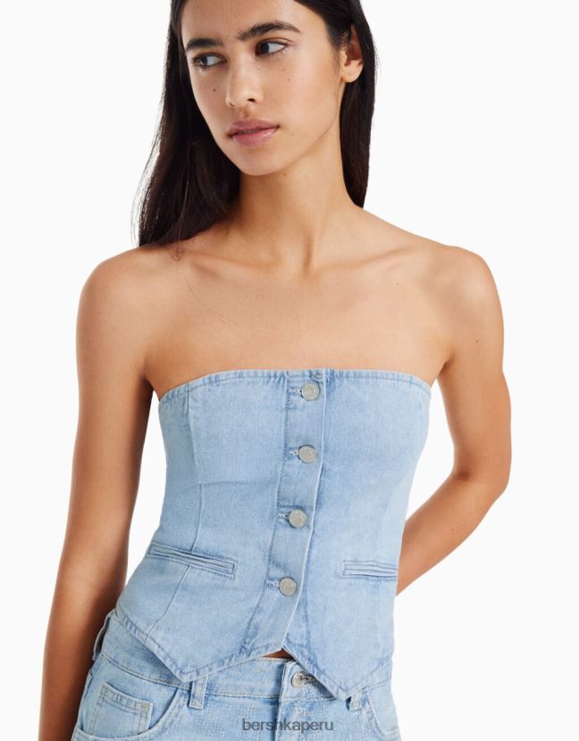 azul claro Bershka mujer chaleco vaquero con hombros descubiertos y botones 806J6B1955