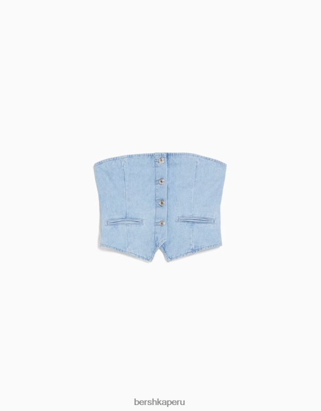 azul claro Bershka mujer chaleco vaquero con hombros descubiertos y botones 806J6B1955