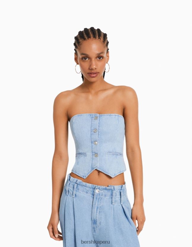 azul claro Bershka mujer chaleco vaquero con hombros descubiertos y botones 806J6B713