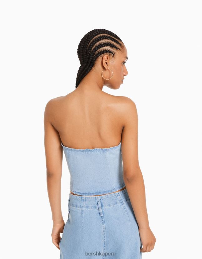 azul claro Bershka mujer chaleco vaquero con hombros descubiertos y botones 806J6B713