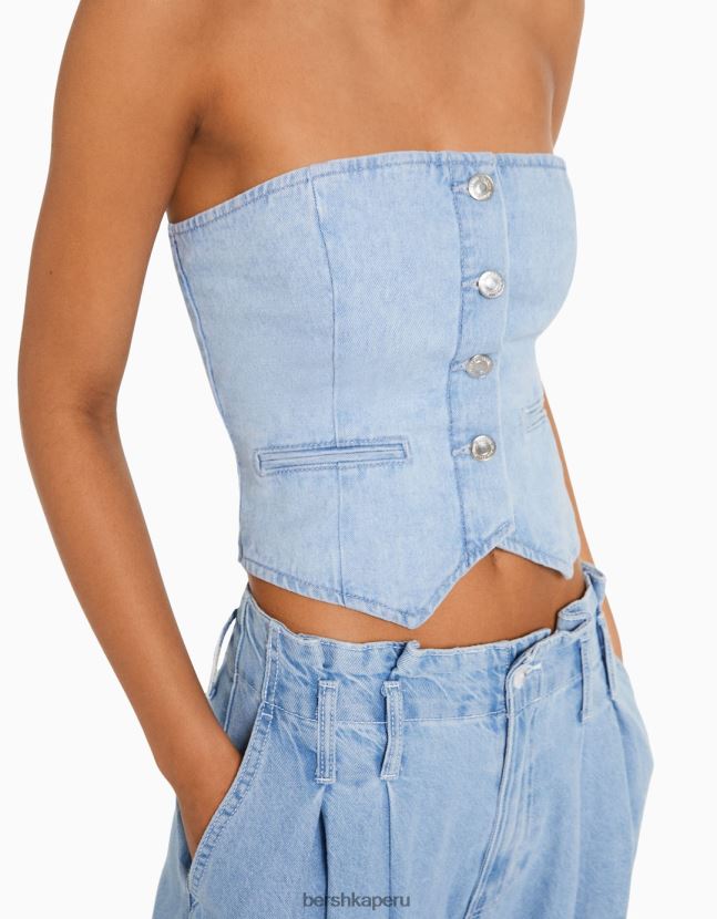 azul claro Bershka mujer chaleco vaquero con hombros descubiertos y botones 806J6B713