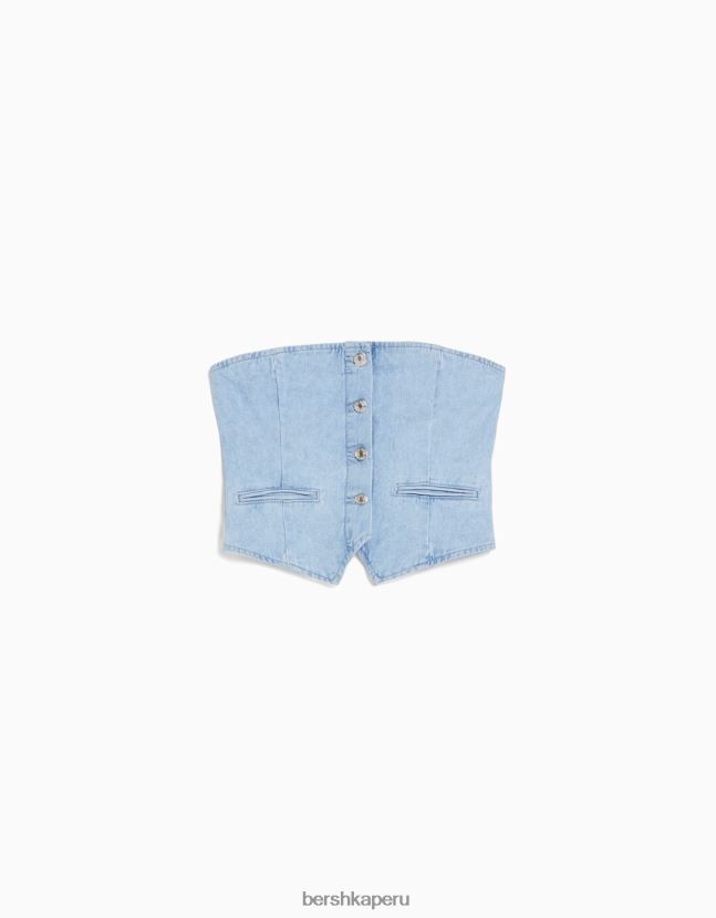 azul claro Bershka mujer chaleco vaquero con hombros descubiertos y botones 806J6B713