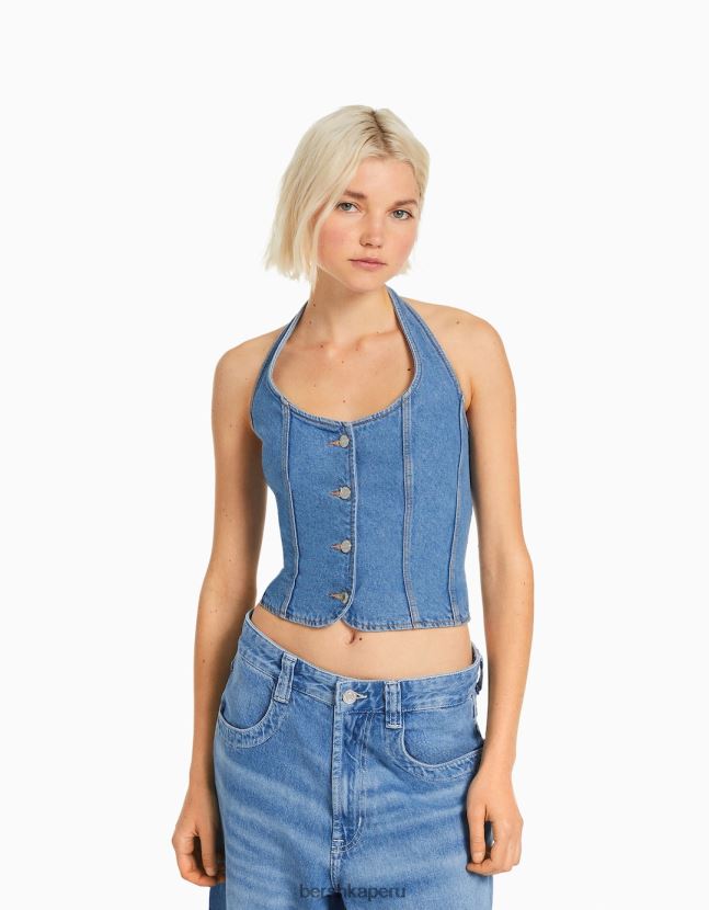 azul claro Bershka mujer corsé de mezclilla 806J6B678