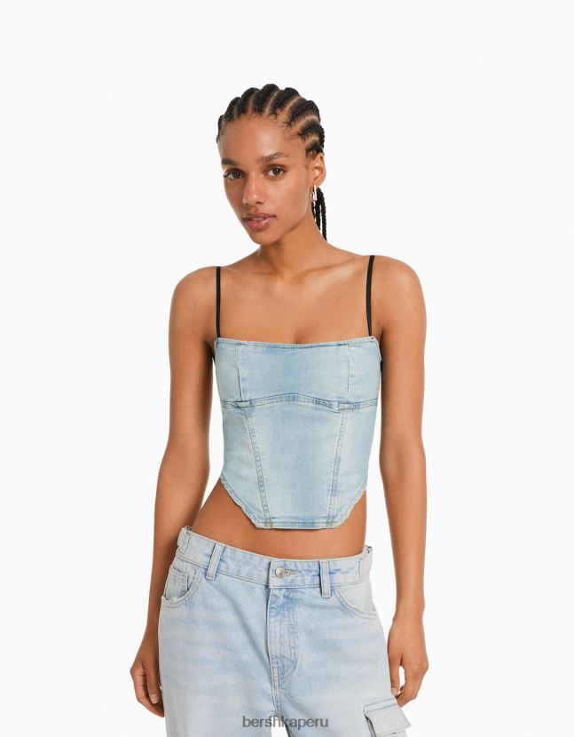 azul claro Bershka mujer corsé de mezclilla desteñido 806J6B714