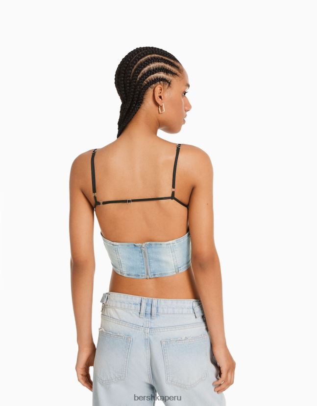 azul claro Bershka mujer corsé de mezclilla desteñido 806J6B714