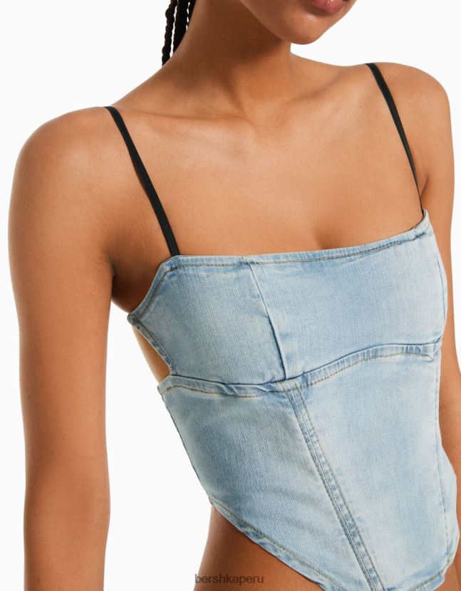 azul claro Bershka mujer corsé de mezclilla desteñido 806J6B714
