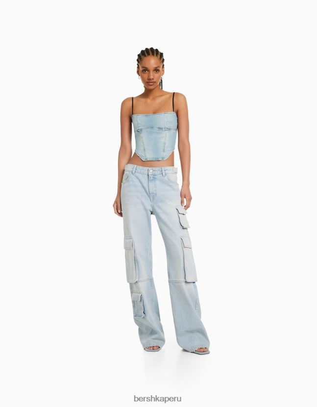 azul claro Bershka mujer corsé de mezclilla desteñido 806J6B714