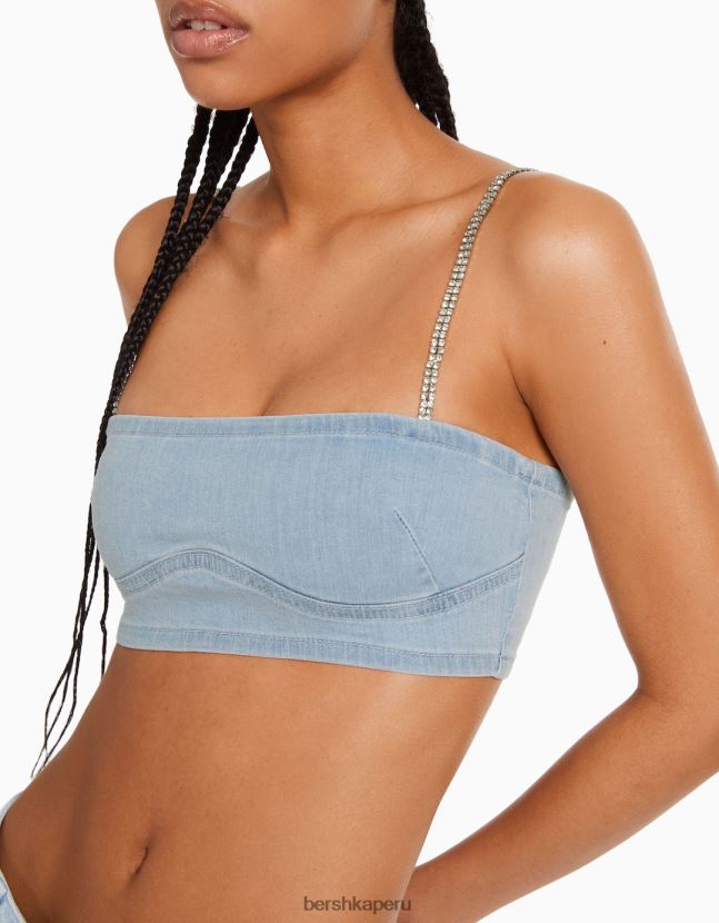 azul claro Bershka mujer sujetador de tiras de mezclilla con detalle de pedrería 806J6B715