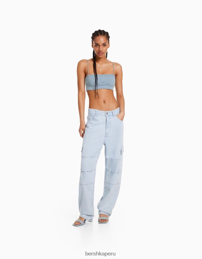 azul claro Bershka mujer sujetador de tiras de mezclilla con detalle de pedrería 806J6B715