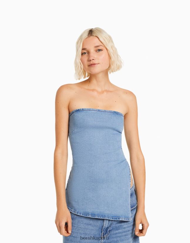 azul claro Bershka mujer top bandeau de mezclilla 806J6B712