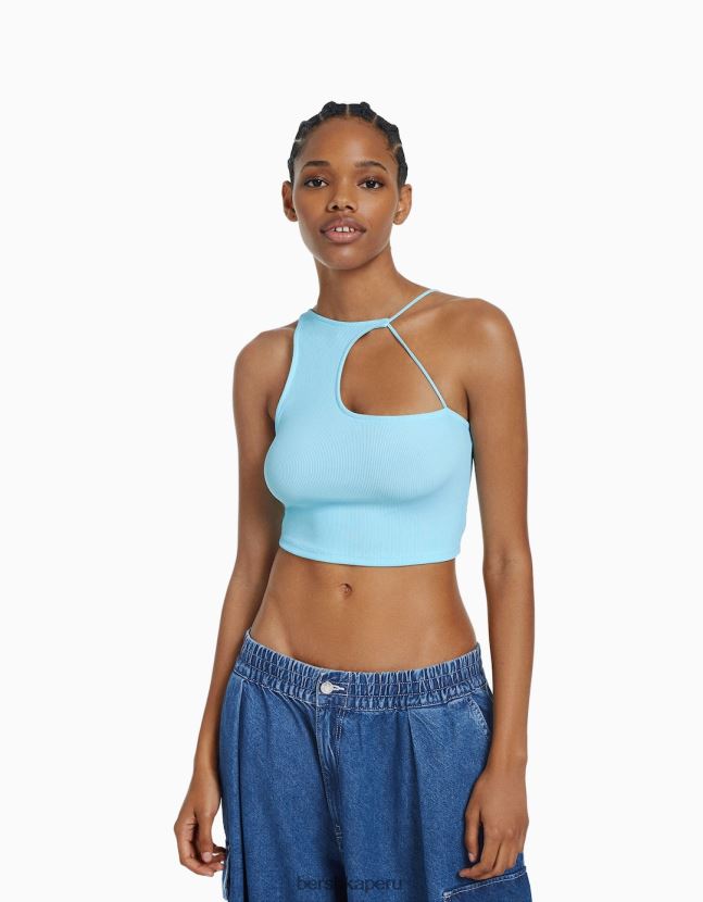 azul claro Bershka mujer top corto asimétrico sin mangas 806J6B710