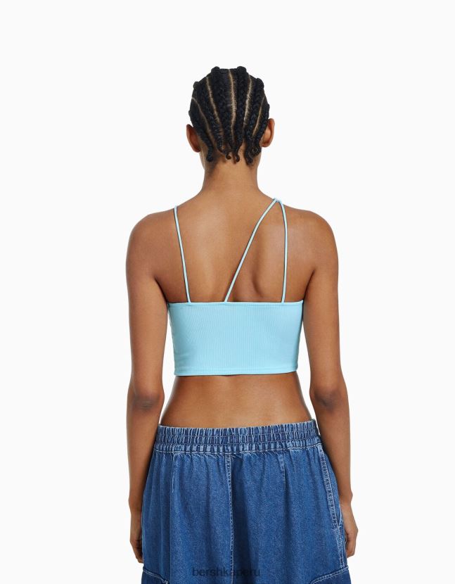 azul claro Bershka mujer top corto asimétrico sin mangas 806J6B710