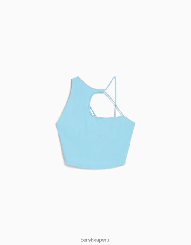 azul claro Bershka mujer top corto asimétrico sin mangas 806J6B710