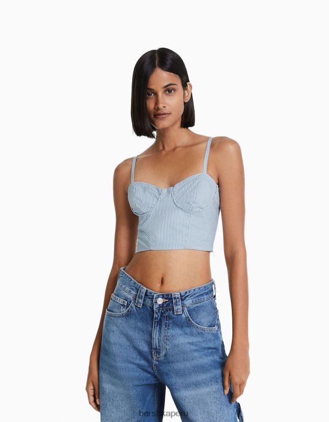 azul claro Bershka mujer top corto de tirantes de popelina estampada 806J6B706