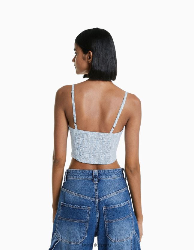 azul claro Bershka mujer top corto de tirantes de popelina estampada 806J6B706