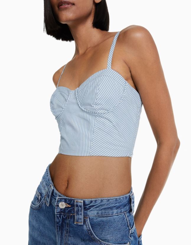 azul claro Bershka mujer top corto de tirantes de popelina estampada 806J6B706