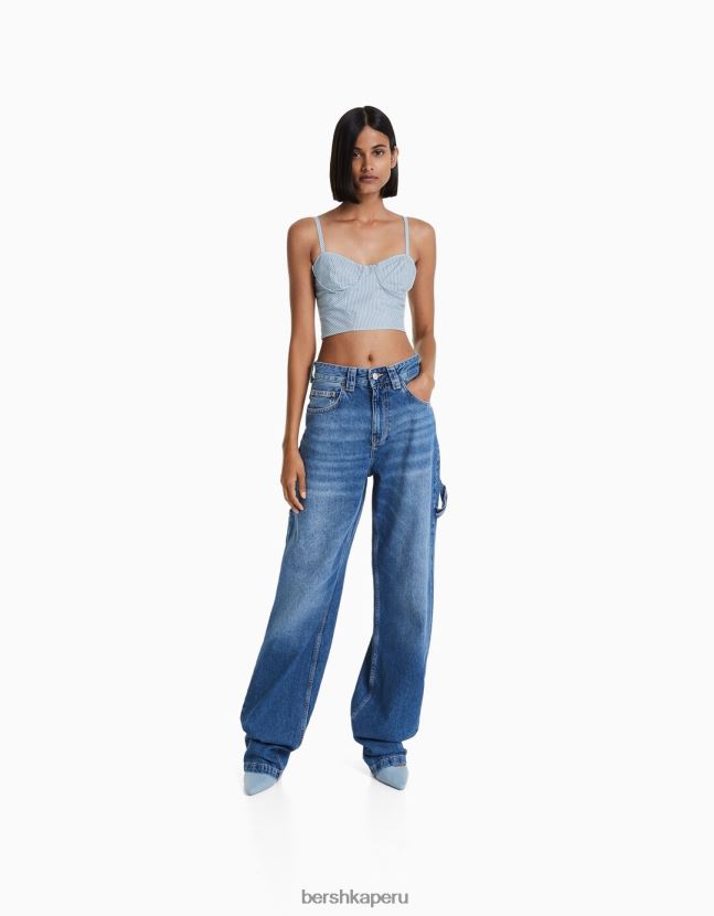 azul claro Bershka mujer top corto de tirantes de popelina estampada 806J6B706