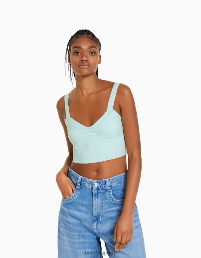 azul claro Bershka mujer top de canalé de nailon con tirantes 806J6B833
