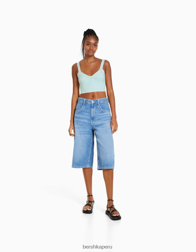azul claro Bershka mujer top de canalé de nailon con tirantes 806J6B833