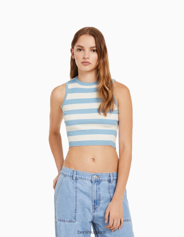 azul claro Bershka mujer top tejido a rayas sin mangas 806J6B883